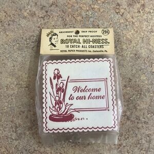 Vintage Royal Hi-Ness paper coasters new welcome to our home